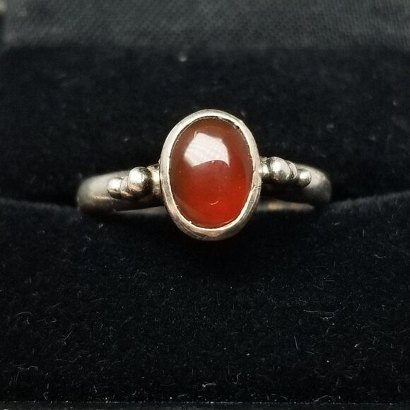 Vintage Sterling Silver Orange Oval Cabochon Stone Ring, Size 6 1/2 Band, Bezel - Picture 5 of 8